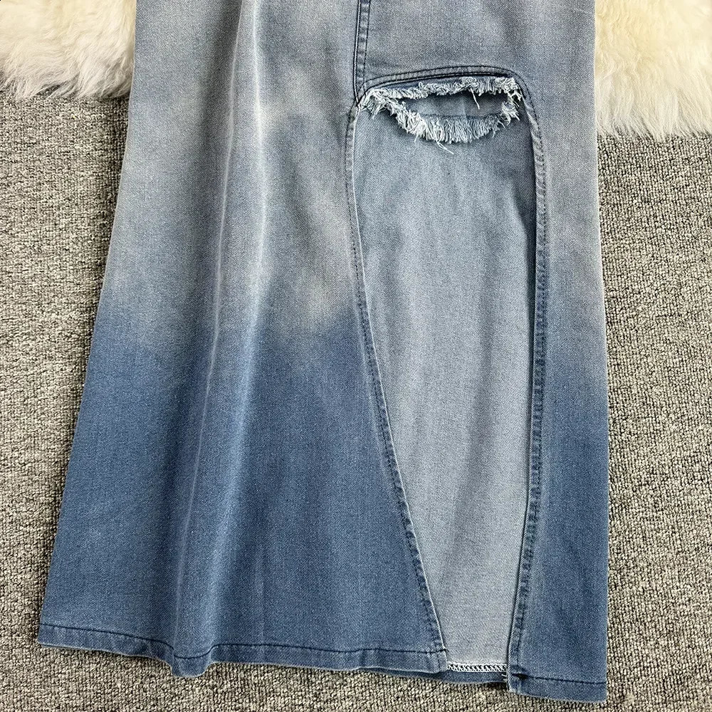 Women Denim Vest Skirt Crop Top Stets Two Pieces Sleeveless Denim Strapless Tops Slim Fit Sexy Sheath High Street Skirts Holes 250411