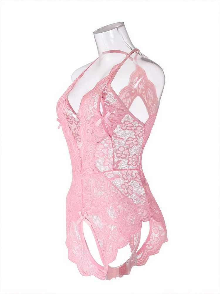 Sexy lingerie womens hollow erotic sleepwear lace evening gown sexy womens crotch less dress transparent dress pink party night W250412