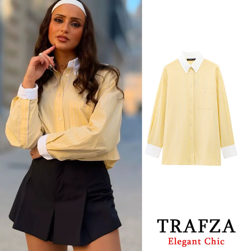TRAFZA Women Casual Butter Yellow Shirt Striped Lapel Buttons Loose Shirt 2025 Spring Holidays High Street Versatile Shirts 250411