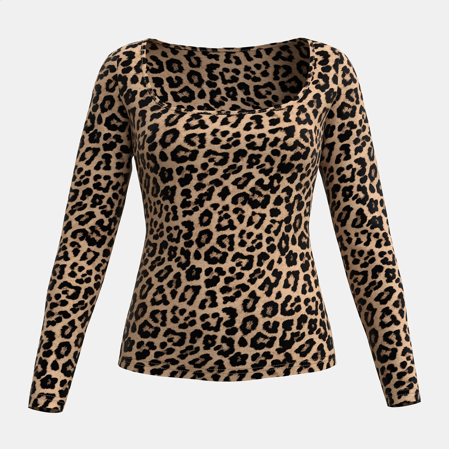 Mia Muse WomenS T-Shirts Autumn Fitting Slim Leopard Long Sleeve Square Neck Regular Sexy Chic T-Shirts 250409
