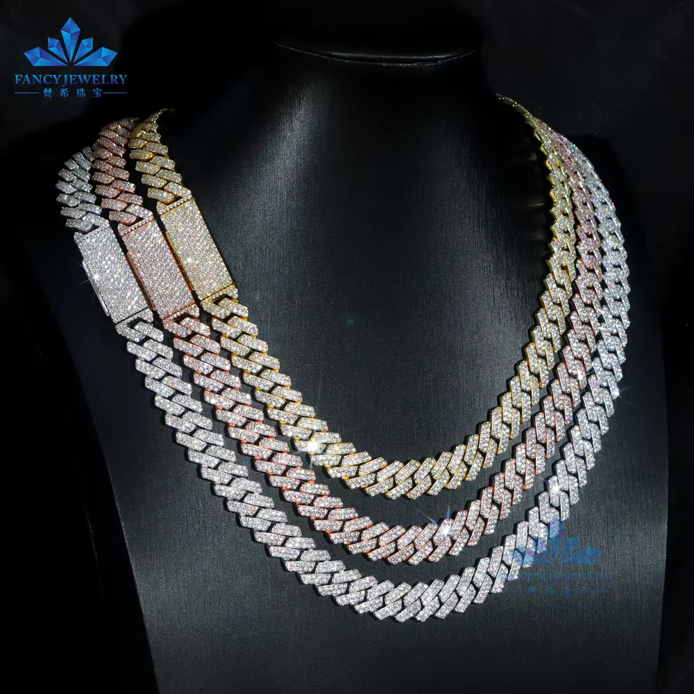 FancyJewelry 8mm 10mm 12mm Moissanite Sterg Sier Pass Dia Tester Bracelet Necklace Men's Cuban Chain