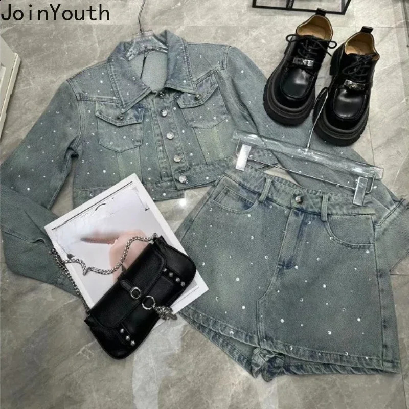 Korean Two Piece Sets Womens Outfits Temperament Crop Coat High Waist Bodycon Mini Skirt Suit Roupas Femme Diamond Denim Set 250411