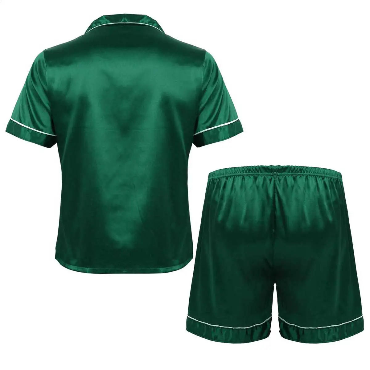 Mens silk satin pajama set casual wear with notch collar short sleeved button up top boxing shorts casual wear 250411
