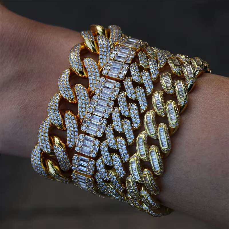 Factory Direct Sales Mens Fashionable 6-14mm Moissanite Diamond Cuban Bracelet 925 Silver 18K Gold Plated Hip Hop Style