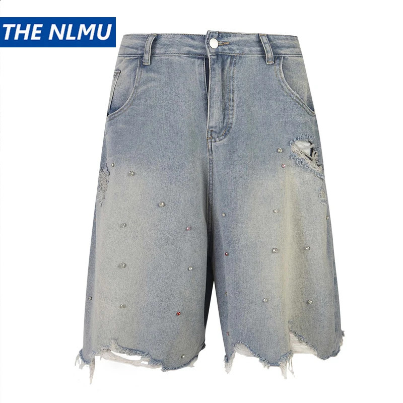 Rhinestone Hole Distressed Jean Shorts for Men Women Harajuku Streetwear Hip Hop Denim Short Pants Retro Shorts 250411