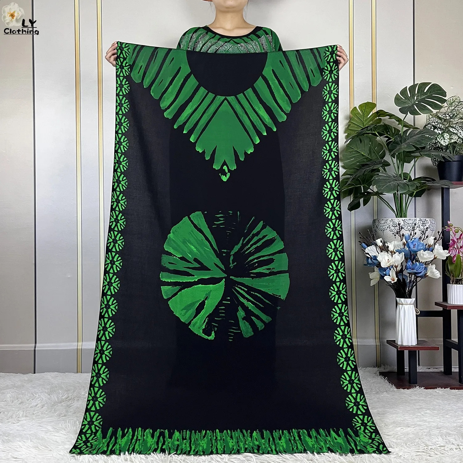 Latest African Womens Summer Short sleeved Dubai Kaftan Diamond Printed Cotton Maxi Muslim Loose Dress with Scarf 250411