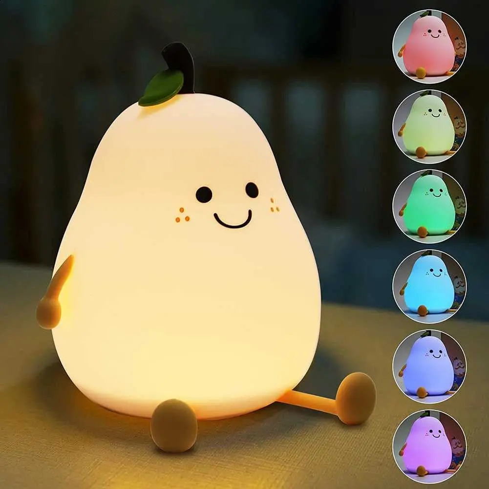 Childrens night light pear shaped cute silicone night light 7-color dimmable night light USB charging bedroom 250411