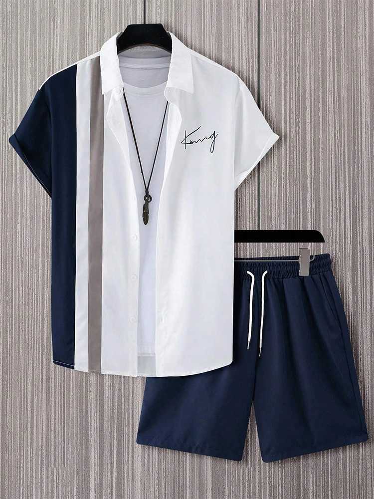 Summer mens short sleeved and beach shorts set daily city street mens casual shirt outdoor sports mens shortsXJ250412