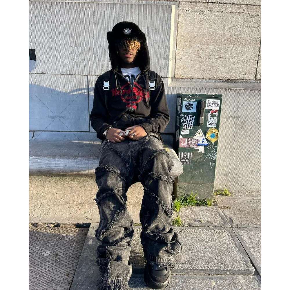Y2K Punk Black American Street Rock Retro High Waist Oversized Jeans 2023 New Raw Edge Washed Straight Wide Leg Trousers Men