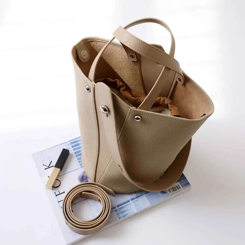 MS Fashion Genuine Leather Bucket Bags For Women Patchwork Handbag Shoulder Unique Shape Lady Basket Bag 2023