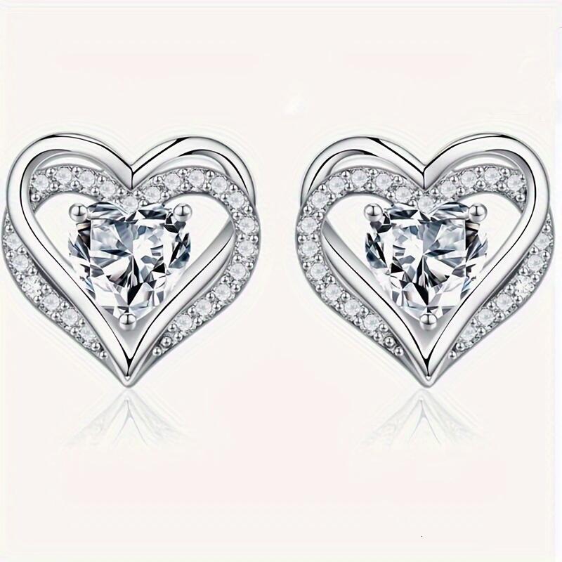 Stud Earrings, Sier Plated Round D Color VVS1 Clarity Moissanite Women Birthday Gift, Anniversary Gift Women's Heart Shape Earrings