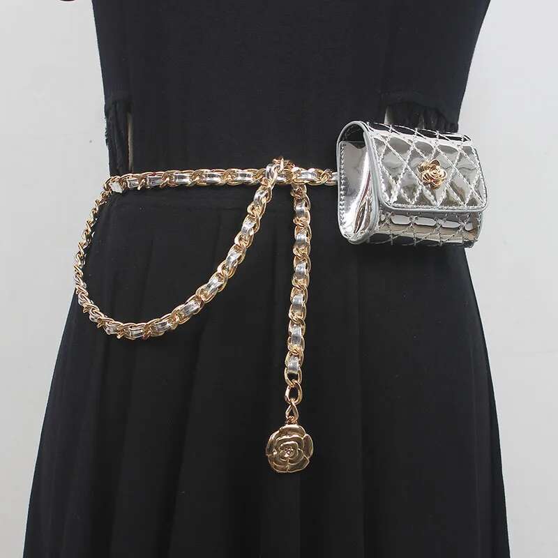Fanny pack mini metal waist chain women's belt bag versatile decorative pants with skirt suit black