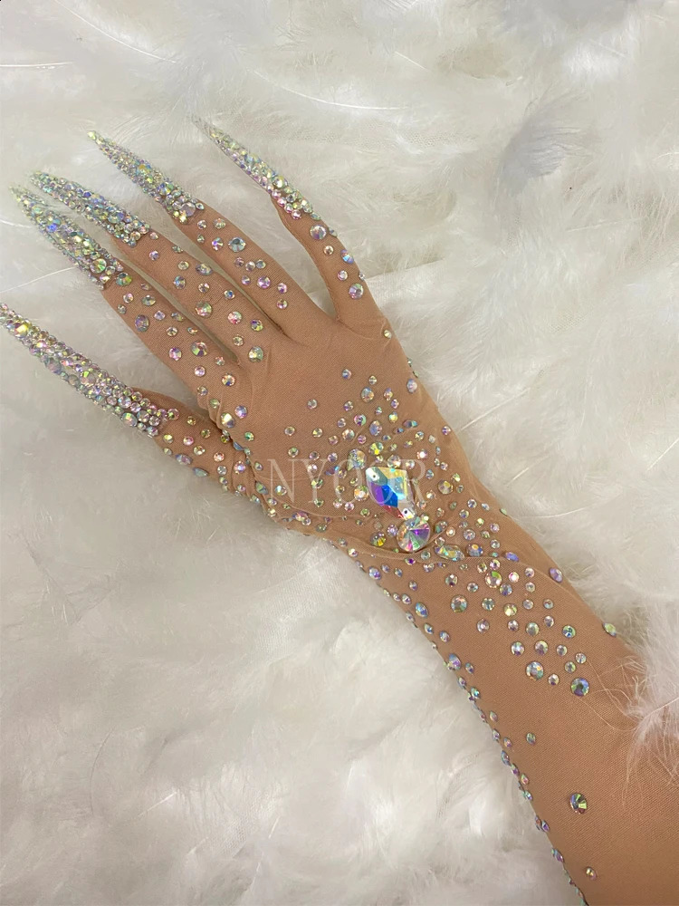 Shining Colored Rhinestones Transparent Mesh Sexy Long Gloves Dancer Singer Nightclub Dance Stage Po Shoot Wear 250408