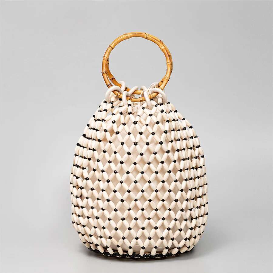 womens woven new hollow out bucket summer design commuter wood bead totes bag bohemian travel beach handbag clutch bags