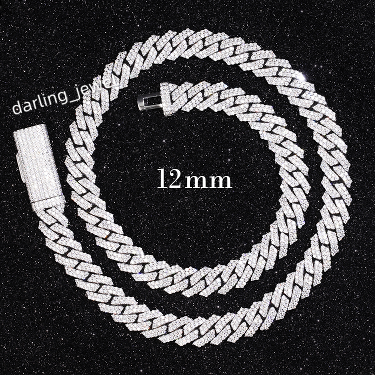 Light S925 Real Moissanite with GRA 12mm 2rows Iced Out Cuban Necklace Chain for Male