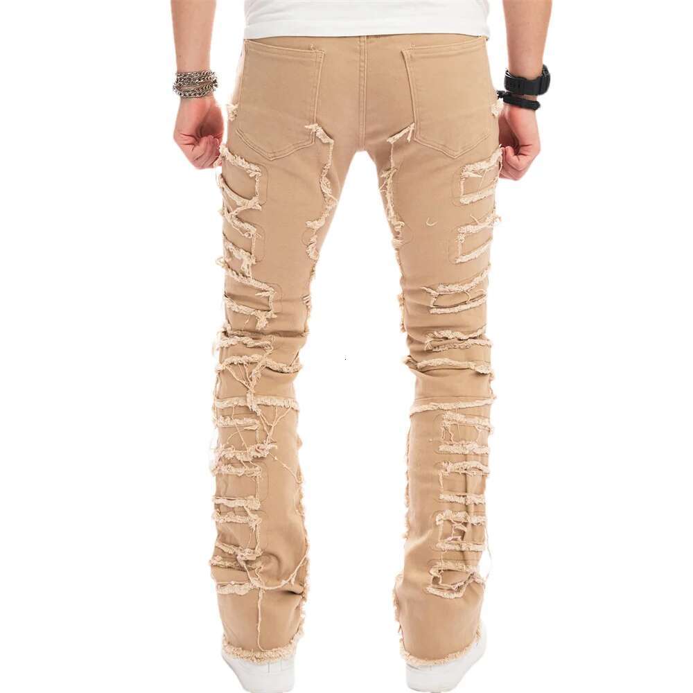 Streetwear Men Stylish Stacked Spliced Slim Biker Jeans Pants Male Hiphop Distressed Motorcycle Straight Flared Denim Trousers