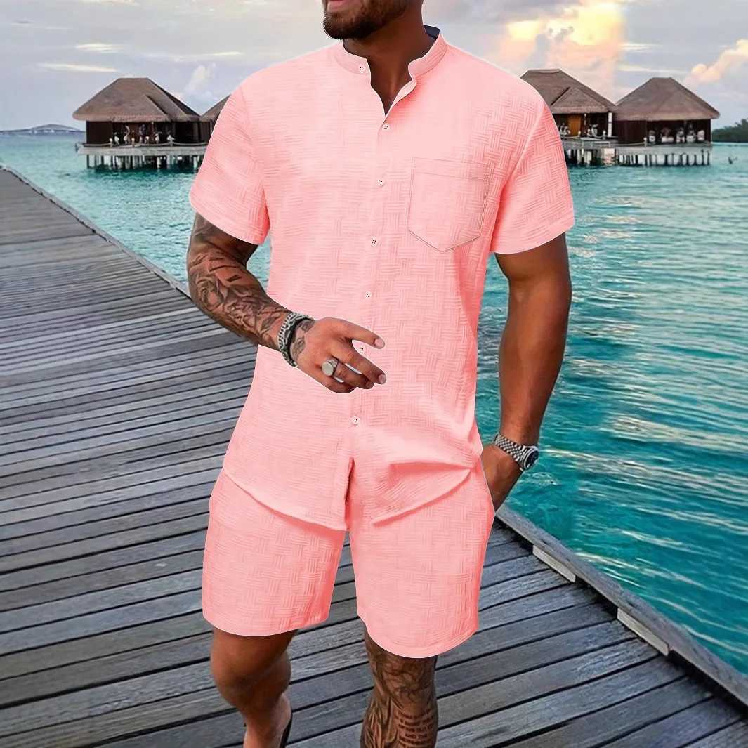 2025 European and American mens summer stand up collar solid color casual short sleeved beach setXJ250412