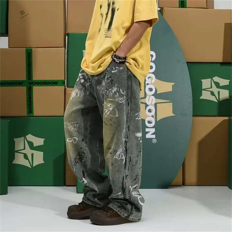New Graffiti Printed Baggy Jeans For Men Y2K Vintage Distressed Blue Haruku Denim Pants High Street Straight-leg Jean Trousers