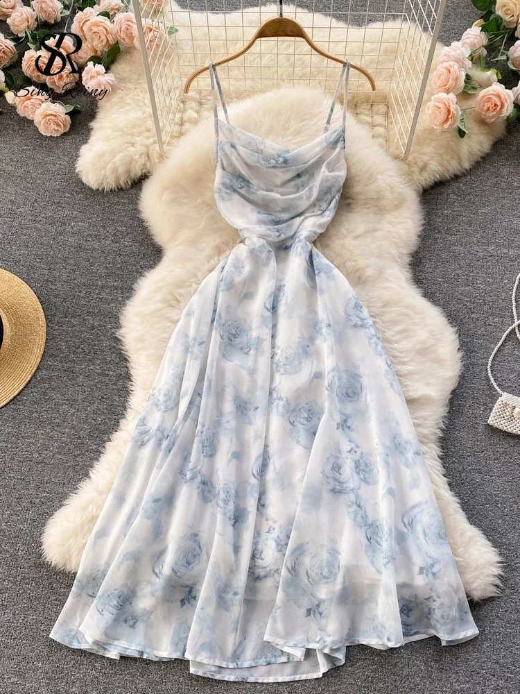 SINGREINY Women Floral Spaghetti Strap Dress Elastic Ruched Sexy Hollow Backless Party Dress Summer Boho Vacation Beach Sundress 250409