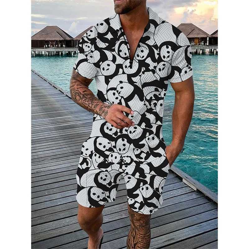 Summer mens track and field suit duck panda 3D printed short sleeved zipper polo shirt short sleeved set 2-piece mens oversized streetwear setXJ250412
