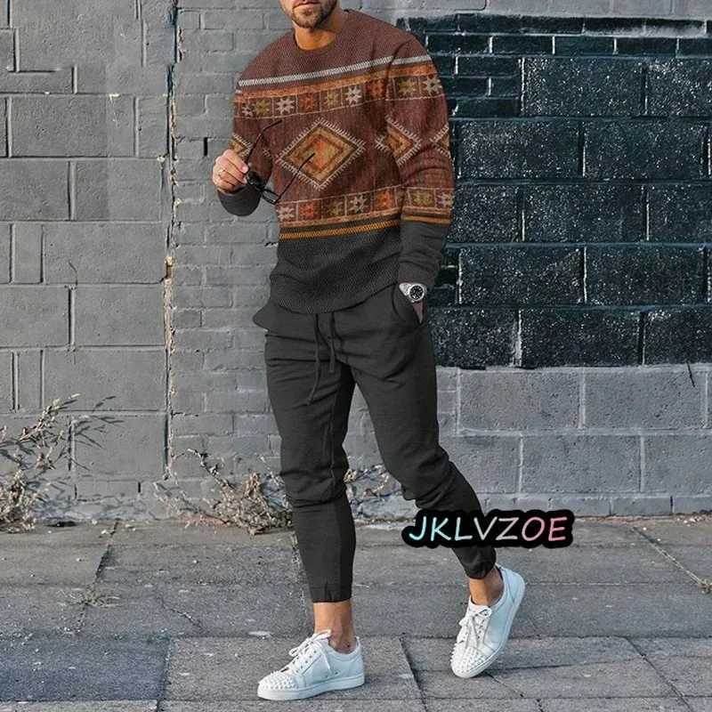 Autumn mens track suit set printed long sleeved T-shirt Trouser 2-piece set 3D striped streetwear oversized casual setXJ250412