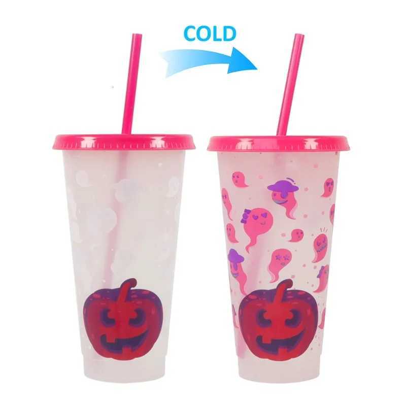 Christmas 710ml Plastic Straw Cup Halloween Christmas Color Changing Cup with Lid Plastic Cold Bucket Party Drink Cup Iced Drinks Mug Y251112