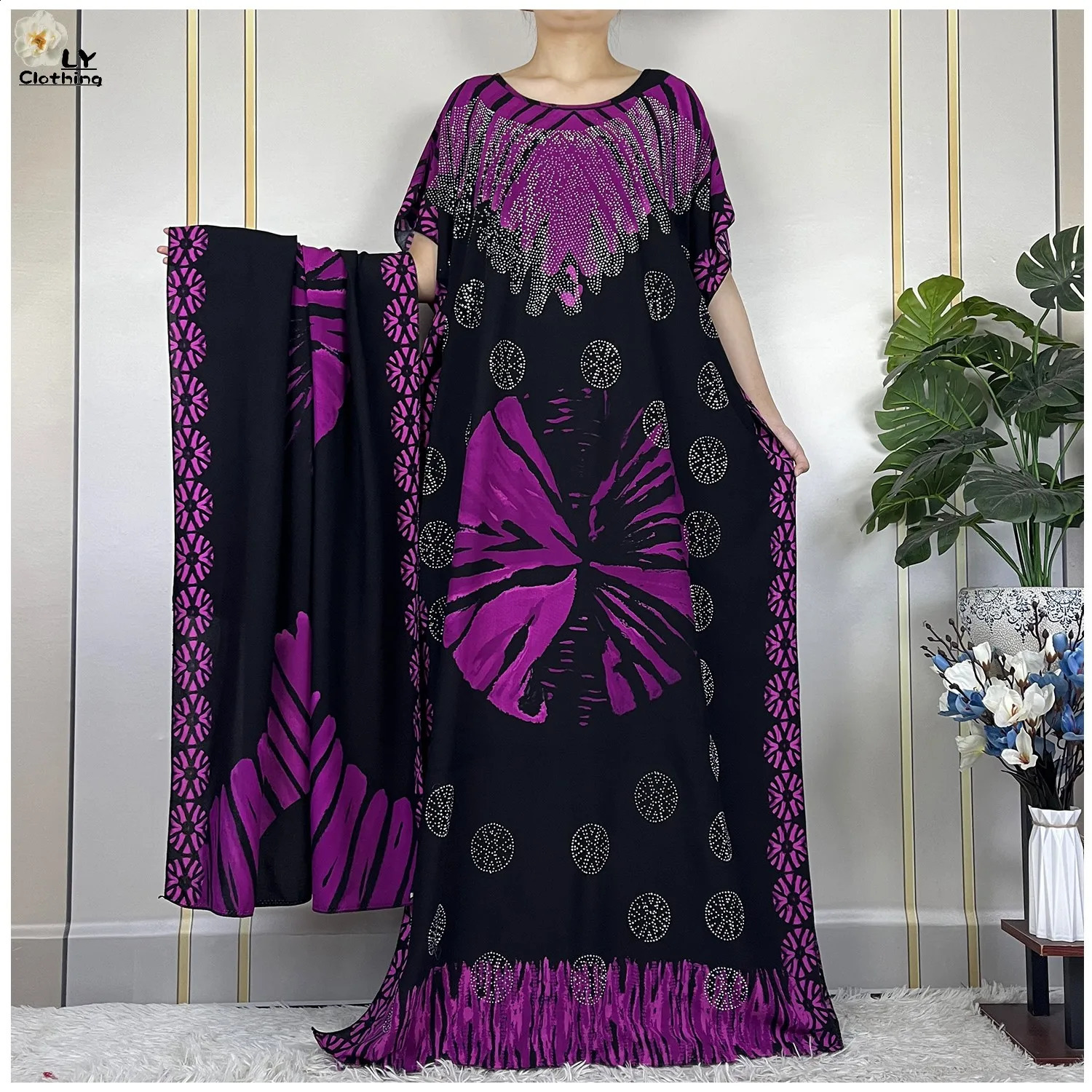 Latest African Womens Summer Short sleeved Dubai Kaftan Diamond Printed Cotton Maxi Muslim Loose Dress with Scarf 250411