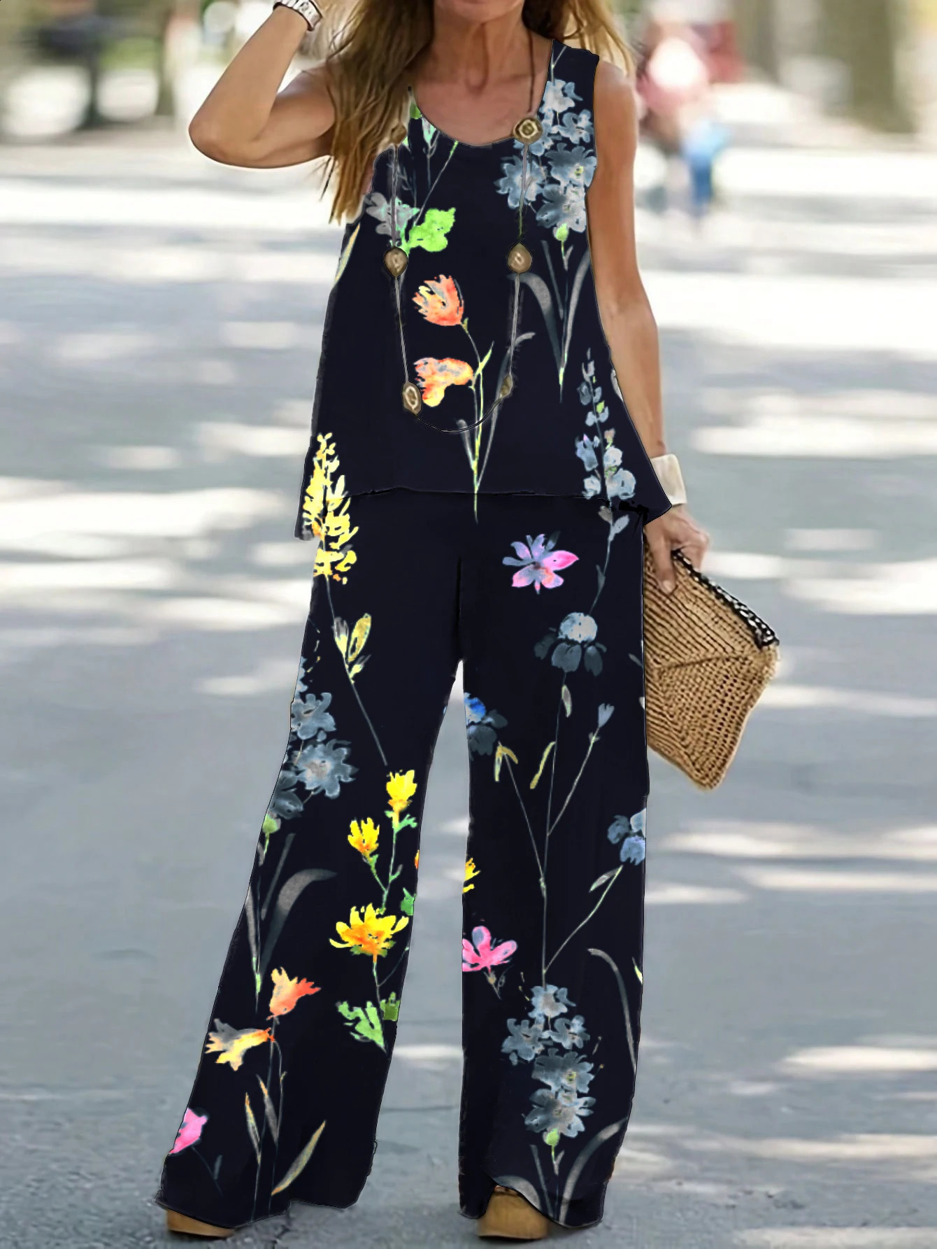 1XL-8XL Plus Size Womens Casual Outfits Two Piece Set Solid Round Neck Tank Top Wide Leg Pants Outfits 2 Piece Set 250410