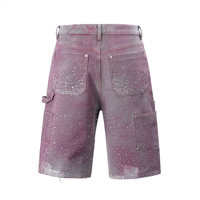 PFNW Niche Heat-melting Rhinestone Shorts With Ink Splatter Dyeing Gradient Denim Knee Length Pants Men 2025 Bottoms 28W6376 250411