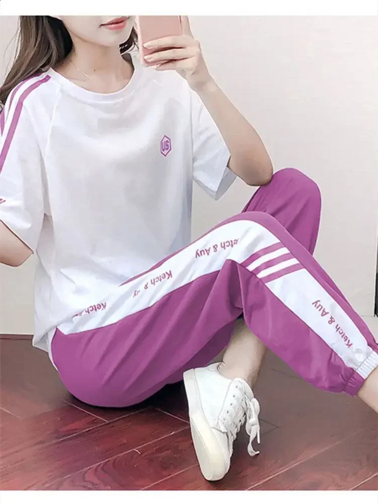 Badypczd Sports Suit s Summer Short-sleeved Top Fashion Running Pants Casual Fitness Clothes Two-piece Gym Suit 250411