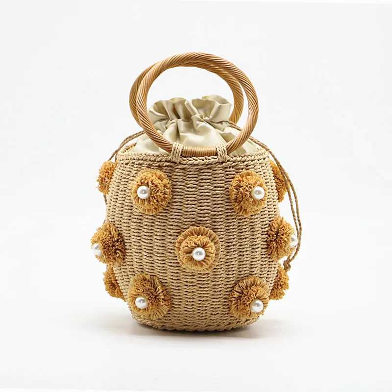 2023 New Handmade Rhine Crystal Embossed Str Bag Str Bucket Bag Womens Travel Wallet sac en paille femmeXJ250412