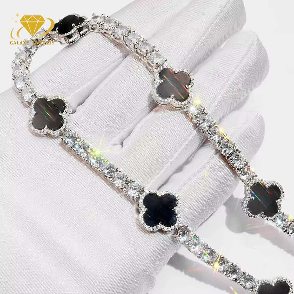 Iced Out Rapper Style Bracelet 925 Sterling Silver Gold Plated VVS Moissanite Clover Tennis Bracelet Necklace 3mm/4mm