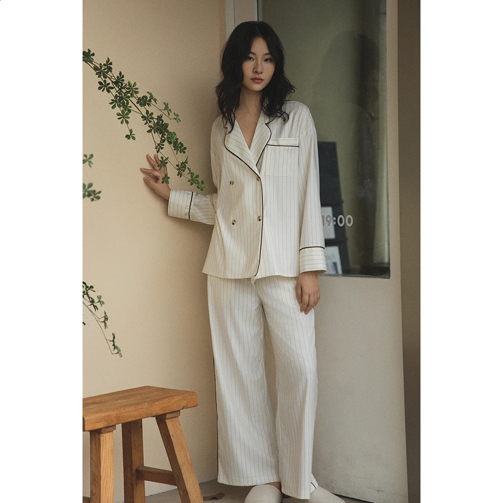 Musebree Womens Light Simple Lapel White Pajama Set Ladies s Striped Sleepwear Spring Nightwear Women Loungewear Set 250411