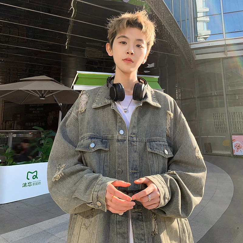 Denim jacket hip-hop mens clothing streetwear ripped hole denim jacket outerwear denim jacket flip collar oversized jacket 250411
