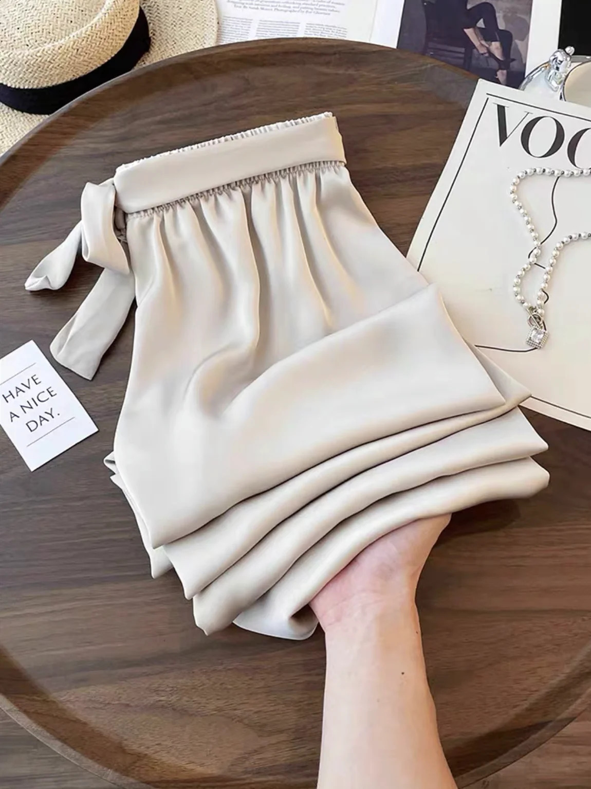 High Waist Ice Silk Acetate Wide Leg Pants for Women Summer Loose Silk Satin long maxi Trousers Spring lace up plus size pants 250411