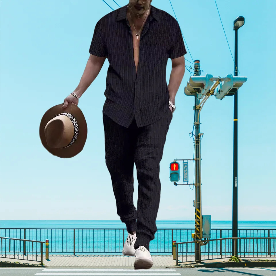 Ultra thin and lightweight summer mens casual loose short sleevedTrousers beach set casual solid color lapel set 250411