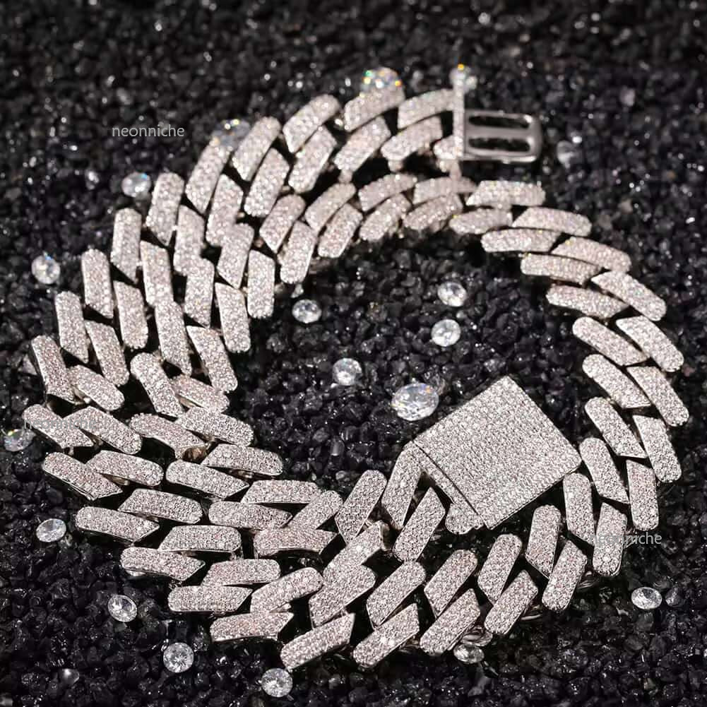Qianjian New D VVS Moissanite Dia Necklace 10-14 mm Explosion Rose Gold Plated Two Tone Miami Cuban k Chain for Men