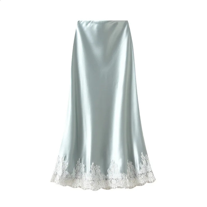 Women Lace Patchwork Satin Long Skirt 2025 Spring Summer High Waist Elegant Fashion Skirts 250411