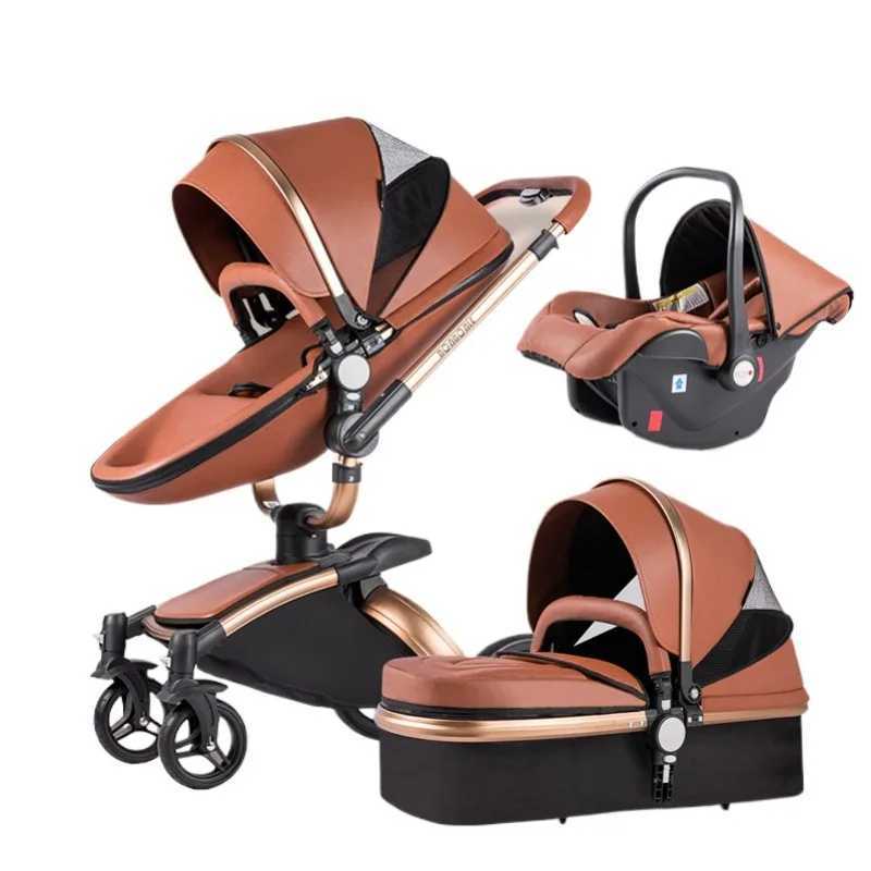 3-in-1 luxury high view baby stroller with car seat foldable newborn baby stroller PU leather two-way baby stroller W250411
