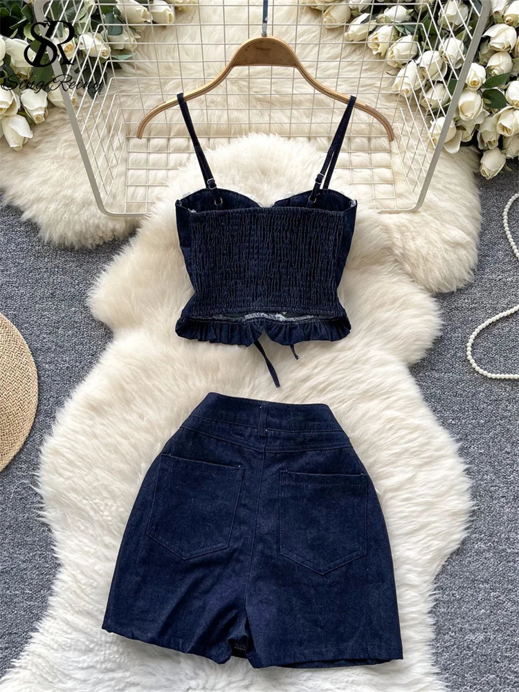 SINGREINY American sweet Denim Suits Lace Strapless Strap Tank TopPockets Mini Skirt Summer Female Streetwear Two Piece Set 250411