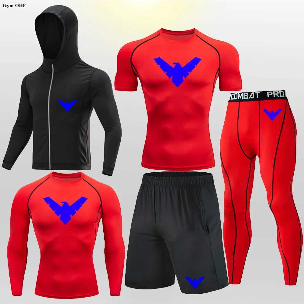 Nightwing Mens Track and Field Wear T-shirt+Pants Set Mens Long Sleeve Compression Shirt Set Fitness MMA Rashguard Sportswear W250412