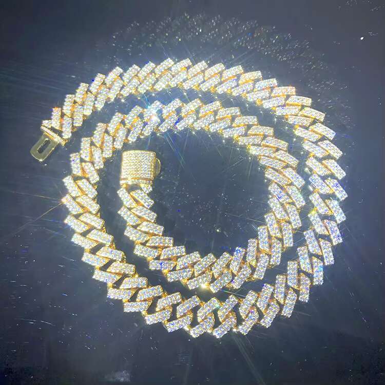Wholesale 925 Silver Cuban Link Chain for Men 2Rows 14mm Wide with Moissanite Diamond Hip Hop Style Necklace
