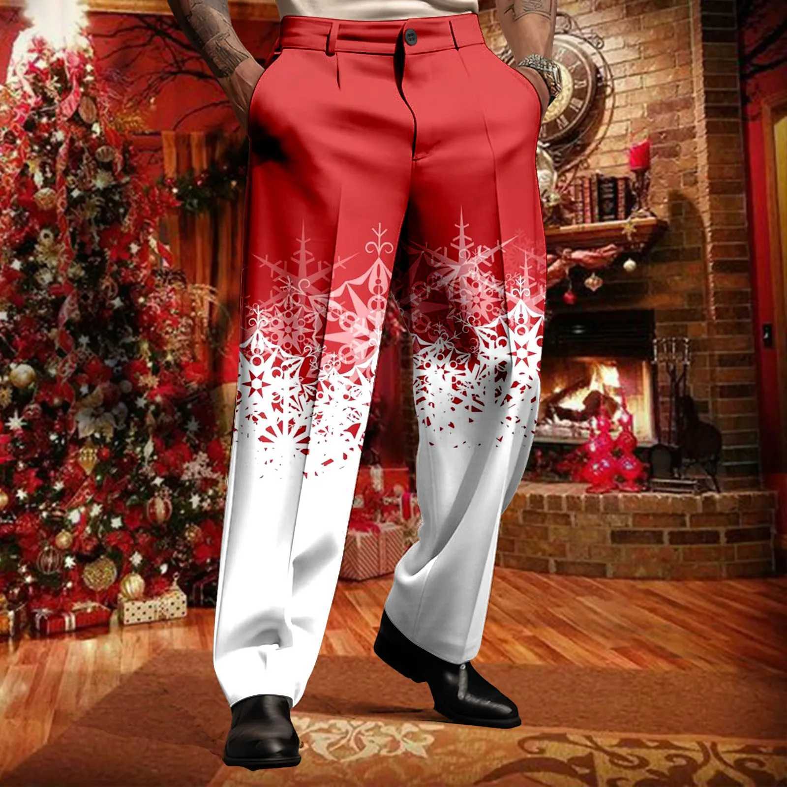 Merry Christmas set pants mens snowflake print Trouser holiday casual button dress pants party Christmas formal pants W250411