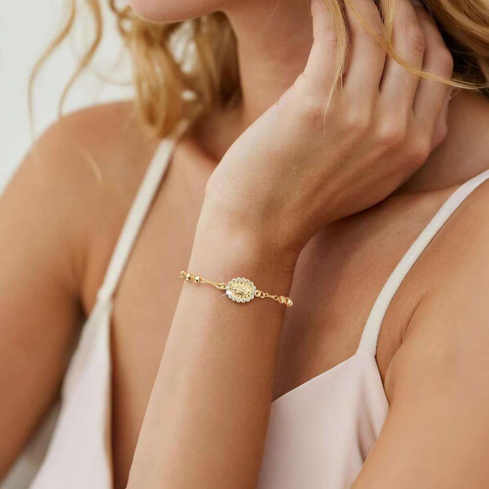 Catholic Crucifix Gifts Rosary Bracelet Women-14K gold plated Virgin Mary Jesus Cross Charm Link Chain, Dainty Virgen de Guadalupe Religious Gift for