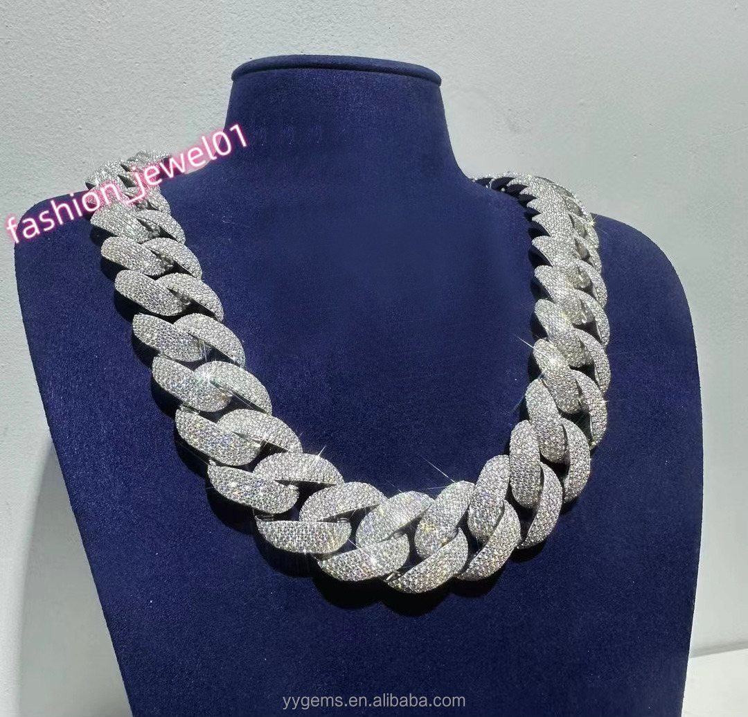 RTS Jewelry Heavy Silver 22mm Wide 18k Gold Plated Necklace VVS Moissanite Iced Out Diamond Cuban Link for Men