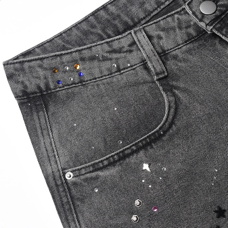 PFNW Street Washed Heat-melting Rhinestone n Retro Denim Shorts Mens 2025 Summer Chic Grey Straight Knee Length Pants 250411
