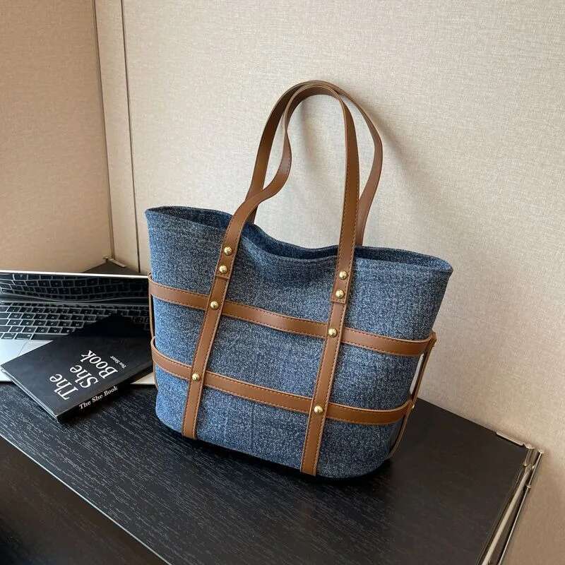 Denim Fashion Stripe Ed Tote Bag Student New Commuting Forest Series Large Capacity Versatile Handbag bags designer handbags Shoulder Bags