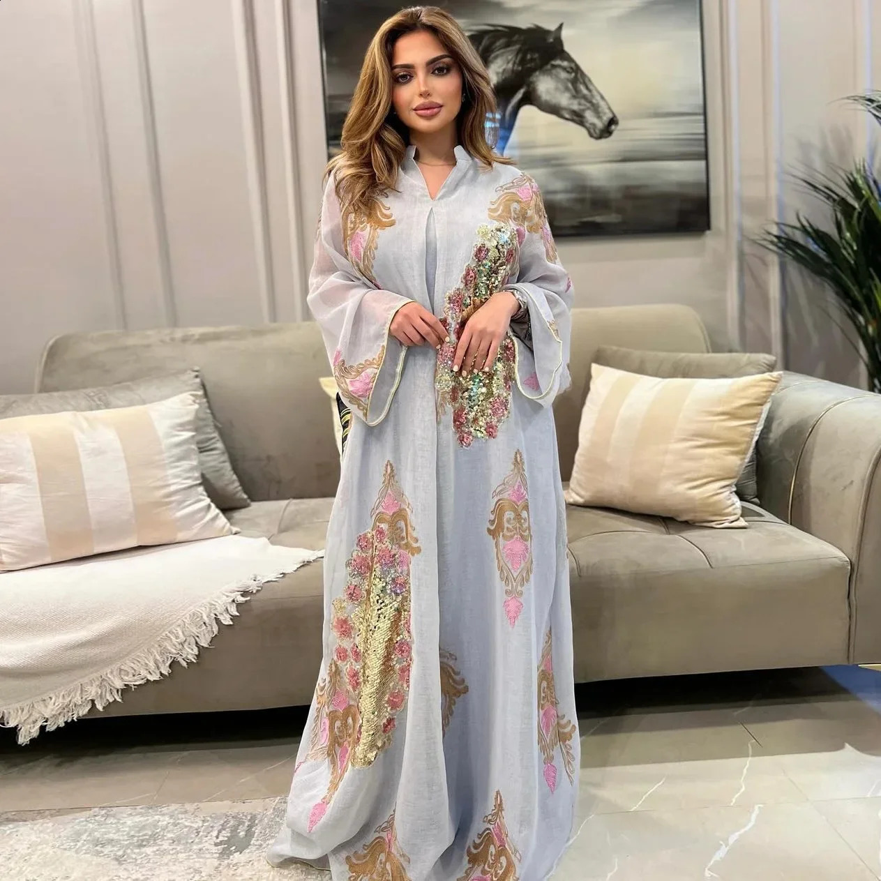 Kaftan Muslim Abaya Women Summer Fashion Long sleeved Vneck sequined long skirt Dubai 250411