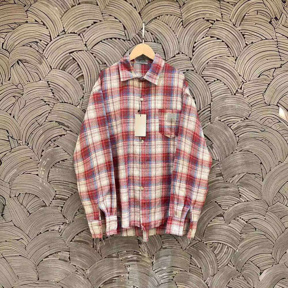Cotton Brushed Embroidered Checkered Elements, Heavyweight Fringed Edge Shirt For Men And Women, Couple Style B5