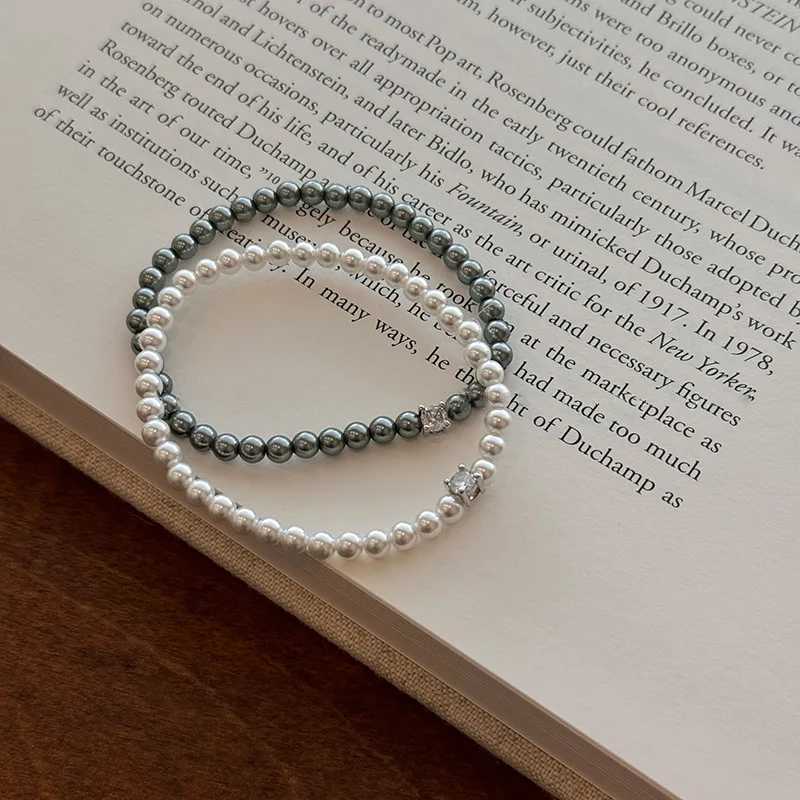 Romantic French Shiny Zircon White Gray Simulated Pearl Beaded Strand Bracelets for Women Simple Elegent Jewelry AccessoriesC250411